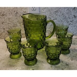 Whitehall Stunning Vintage Avocado Green Pitcher- MINT With 6 Glasses